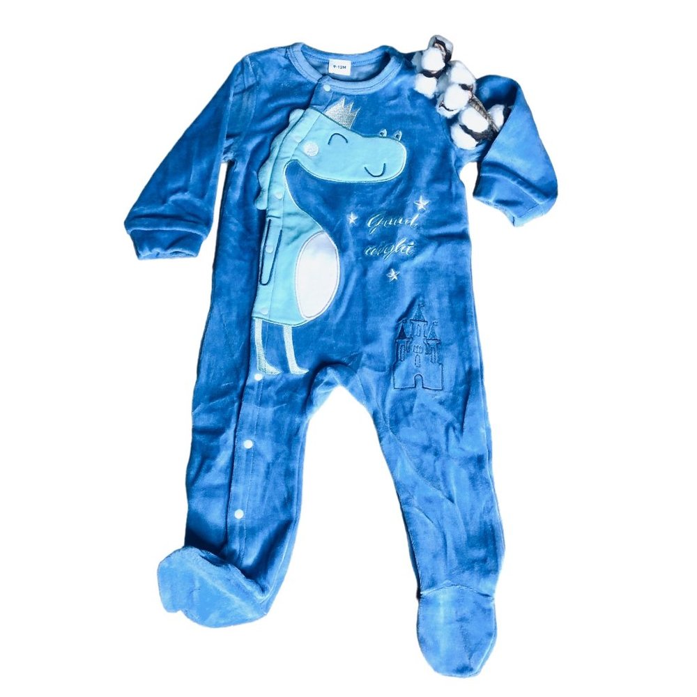 NEW Blue Dinosaur Velour Baby One Piece Footed Romper Multiple Sizes Available